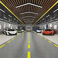 Luxury Car Showroom Featuring Modern Design With Various Sports Cars And Yellow Center Lane