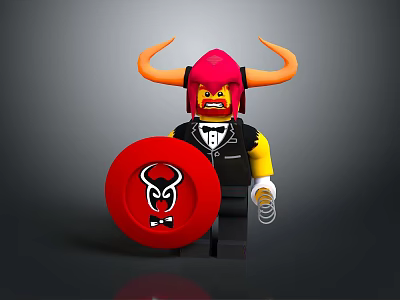 Lego Minifigure With Red Hair Yellow Horns Black Tuxedo Red Shield Black Emblem Spring Weapon 3d model