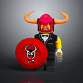 Lego Minifigure With Red Hair Yellow Horns Black Tuxedo Red Shield Black Emblem Spring Weapon
