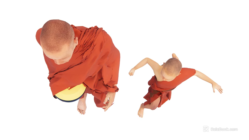 Buddhist monks wearing red robes performing different actions holding yellow bowl and running 3d model 