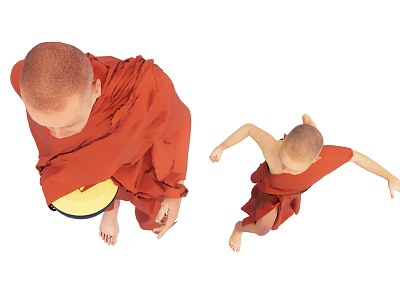 Buddhist monks wearing red robes performing different actions holding yellow bowl and running 3d model