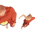 Buddhist monks wearing red robes performing different actions holding yellow bowl and running