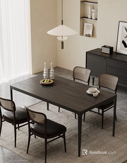 Modern Dining Table Set With Four Chairs Fruit Tray Tea Cup And Pendant Light 3d model 
