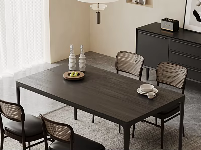 Modern Dining Table Set With Four Chairs Fruit Tray Tea Cup And Pendant Light 3d model