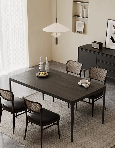 Modern Dining Table Set With Four Chairs Fruit Tray Tea Cup And Pendant Light 3d model