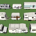 Various White Caravans With Different Sizes Parked On Green Grass Field 3d model