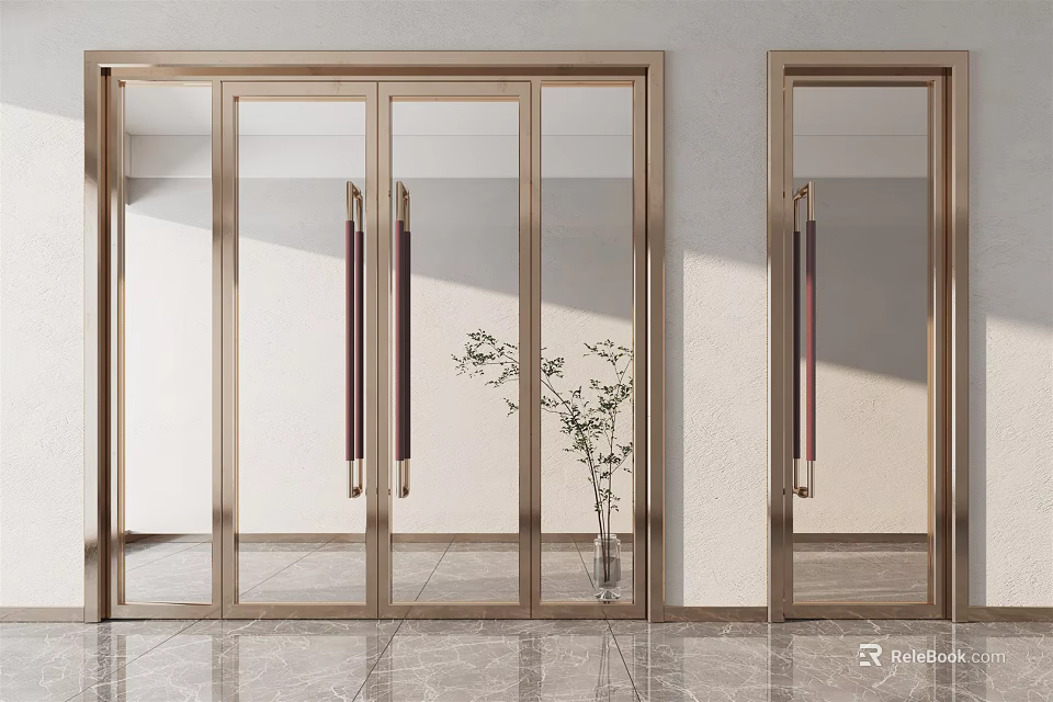 Modern Glass Doors With Gold Frame Handles And Marble Floor Plant Vase 3d model 