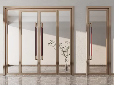 Modern Glass Doors With Gold Frame Handles And Marble Floor Plant Vase 3d model