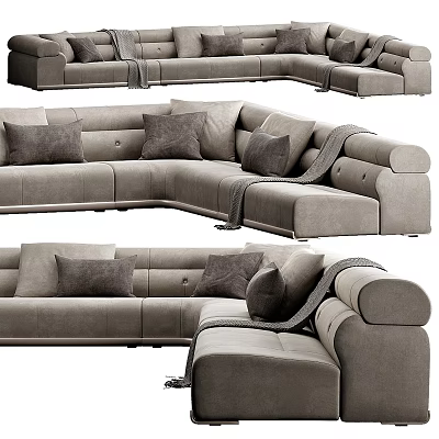 Cozy Gray Sectional Sofa With Plush Pillows And Soft Throw Blanket 3d model