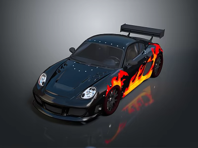 Stylish Black Sports Car Exterior With Flame Decals And Rear Spoiler 3d model
