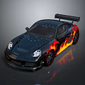 Stylish Black Sports Car Exterior With Flame Decals And Rear Spoiler