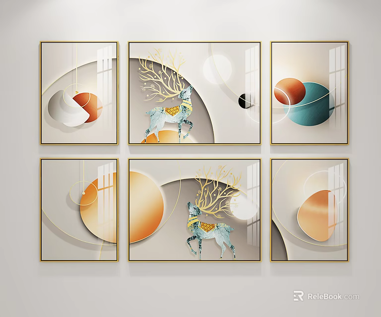 Modern Decorative Paintings With Six Panels Geometric Shapes Deer And Golden Frames 3d model 