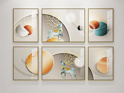 Modern Decorative Paintings With Six Panels Geometric Shapes Deer And Golden Frames 3d model