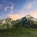 Scenic Garden Landscape With Green Meadows Snowy Mountains Blue Sky And Pink Clouds