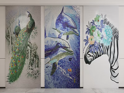 Vibrant Animal Themed Artworks With Peacock Dolphin And Zebra For Wall Decor 3d model
