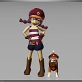 Girl With Red Cap Pigtails Striped Top Shorts Boots Standing With Dog In Red Collar