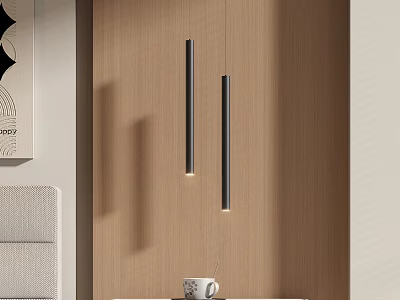 Modern Slim Pendant Lights Hanging In Wooden Interior With Table And Cup 3d model