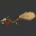 Unique Broom Bird Head Red Hat Red Handbag Golden Legs Yellow Object With Golden Reflection