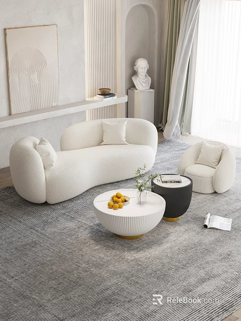 Modern White Curved Sofa Coffee Table Set With Plush Armchair Fruits And Plants 3d model 
