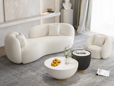 Modern White Curved Sofa Coffee Table Set With Plush Armchair Fruits And Plants 3d model