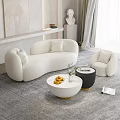 Modern White Curved Sofa Coffee Table Set With Plush Armchair Fruits And Plants