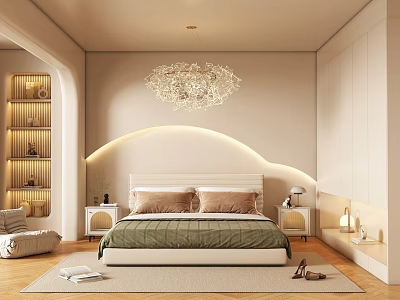 Modern Elegant Bedroom Interior With Chandelier Curved Wall Lighting Bed Nightstands Wardrobe And Rug 3d model