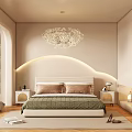 Modern Elegant Bedroom Interior With Chandelier Curved Wall Lighting Bed Nightstands Wardrobe And Rug