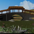 Stone Arch Bridge With Wooden Pavilion Roof Over Lake And Grassland With Lotus Flowers