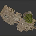 Outdoor Stone Slab Platform Scene With Canopied Structure Tree And Scattered Items