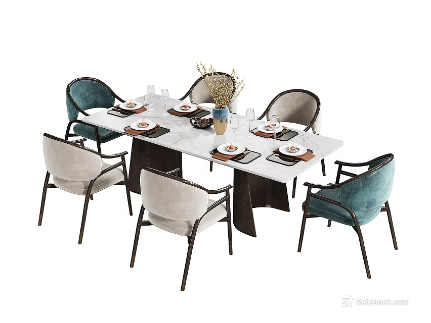 Modern Dining Table And Six Chairs Blue Gray Seats With Tableware Vase 3d model