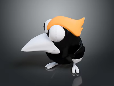 Cartoon Bird Character 3D Model With Black Body Orange Head White Beak And Big Eyes 3d model