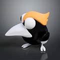 Cartoon Bird Character 3D Model With Black Body Orange Head White Beak And Big Eyes