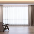 Light Filtering White Blinds On Window With Beige Curtains In Modern Room With Wooden Floor