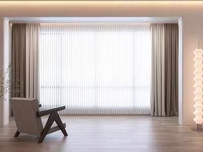 Light Filtering White Blinds On Window With Beige Curtains In Modern Room With Wooden Floor 3d model
