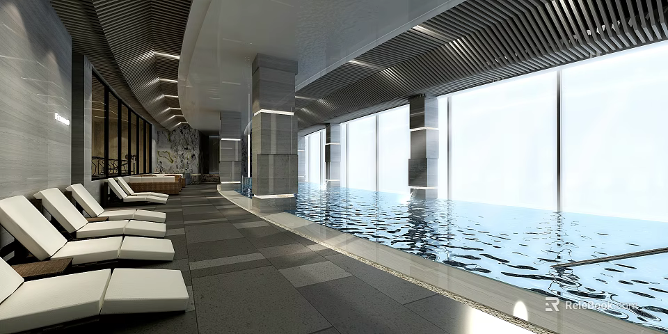 Modern Indoor Swimming Pool Interior With Large Windows Lounge Chairs And Clear Water 3d model 