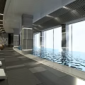 Modern Indoor Swimming Pool Interior With Large Windows Lounge Chairs And Clear Water