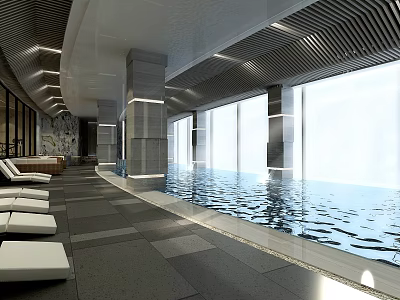 Modern Indoor Swimming Pool Interior With Large Windows Lounge Chairs And Clear Water 3d model