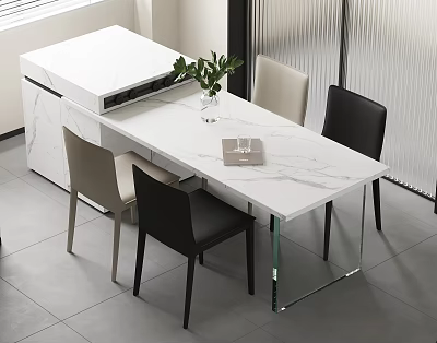 Modern Dining Table Set with White Marble Tabletop Glass Legs and Four Beige Black Chairs 3d model