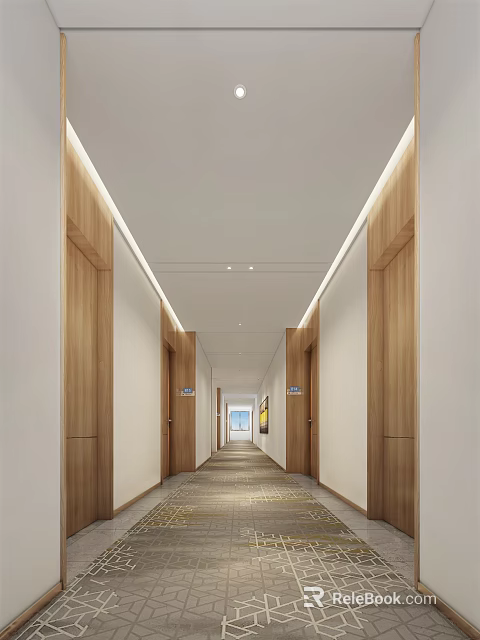 Elevator Hallway Design With Wooden Accents Lighting And Artwork At End 3d model