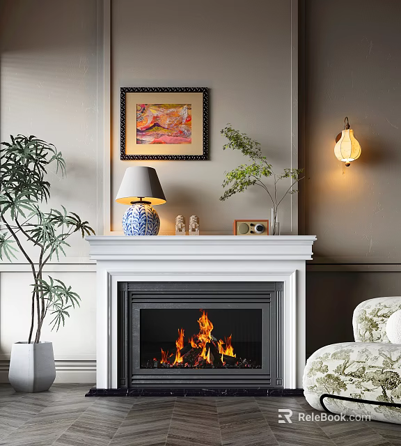 Cozy Fireplace In Living Room With Decorative Mantel And Accessories 3d model 