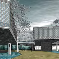 Modern Greenland Group Sales Office Building With Glass Curtain Wall And Surrounding Landscaping Trees