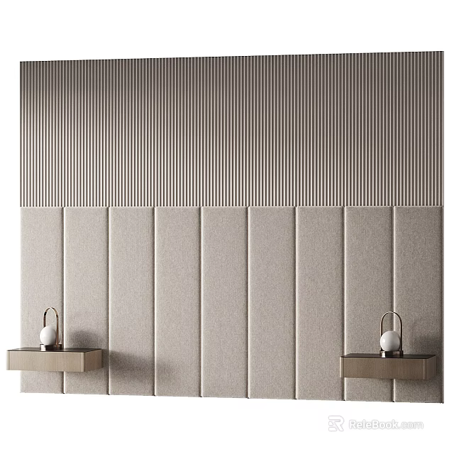 Elegant Background Wall With Striped Design And Upholstered Panels Featuring Small Shelves And Decorative Orbs 3d model 