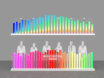 Music Festival Launch Device with Colorful Column Structures and Silhouette Figures 3d model