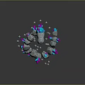 Gray Wooden Stone Objects Floating With Pink Blue Glowing Parts Fragments And Reflections