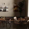 Modern Elegant Cafe Interior With Wooden Tables Chairs Green Plants And Wall Paintings