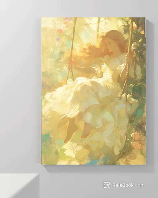 Soft Warm Tones Landscape Painting With Woman Swinging On Swing In White Dress And Flowers 3d model 