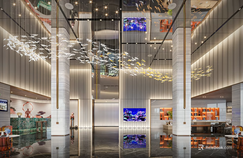 Luxury Modern Hotel Lobby Interior Design With Artistic Hanging Lights And Polished Marble Decorations 3d model 