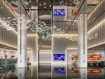 Luxury Modern Hotel Lobby Interior Design With Artistic Hanging Lights And Polished Marble Decorations 3d model