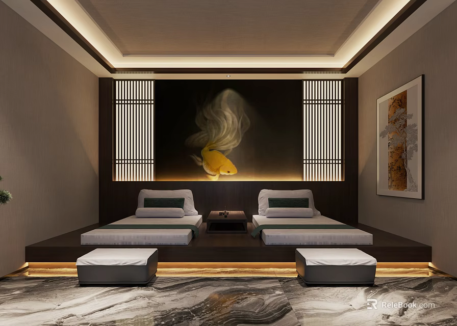 Traditional SPA Sauna Room With Two Beds And Ambient Lighting 3d model