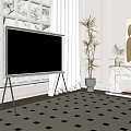 Modern TV On Tripod Stand In Bright Living Room With Snow View And Fireplace